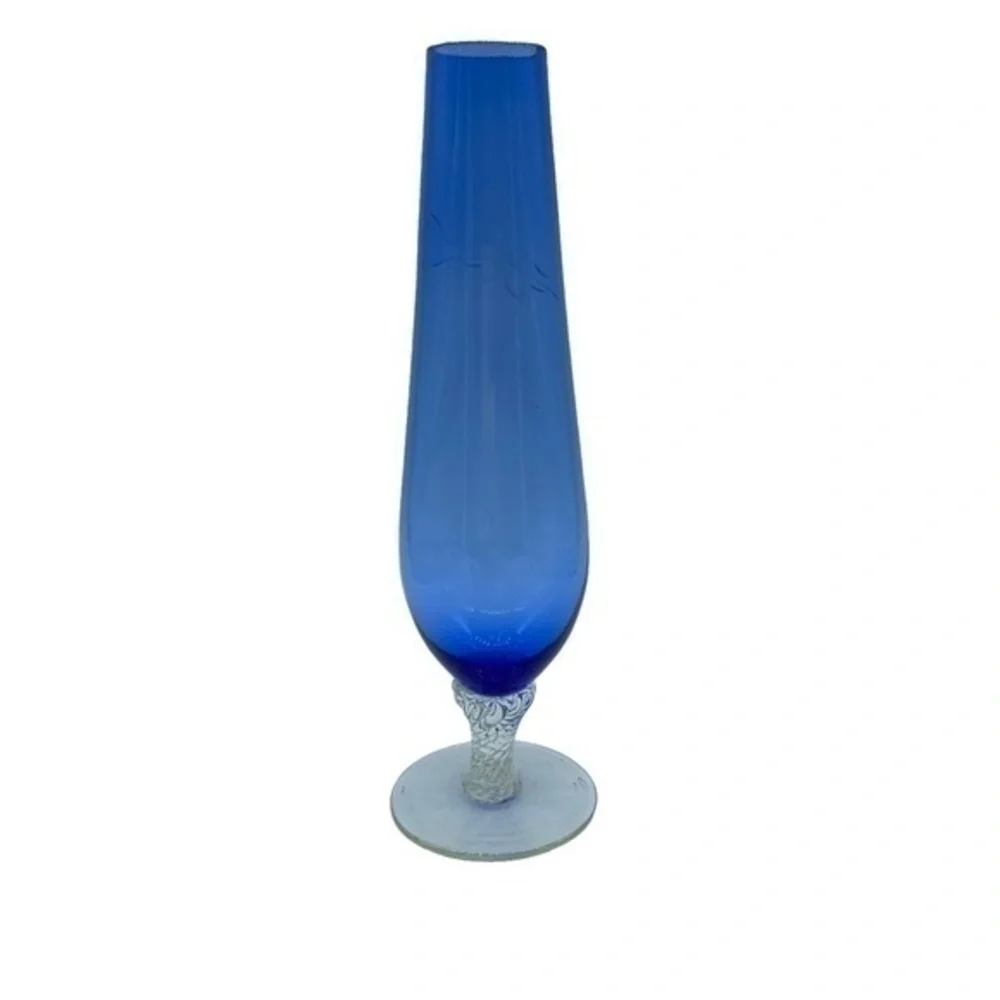 Vintage Floral Etched Blue Bud Vase With Swirl Bottom